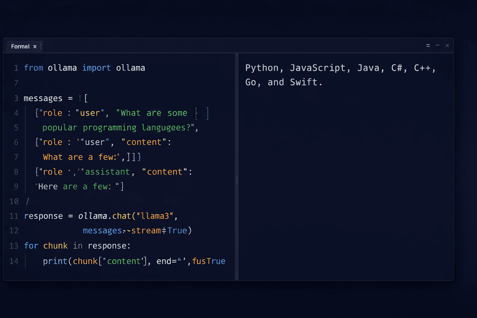 Python-Code, der die Ollama-API mit Streaming-Ausgabe in einem Terminal aufruft