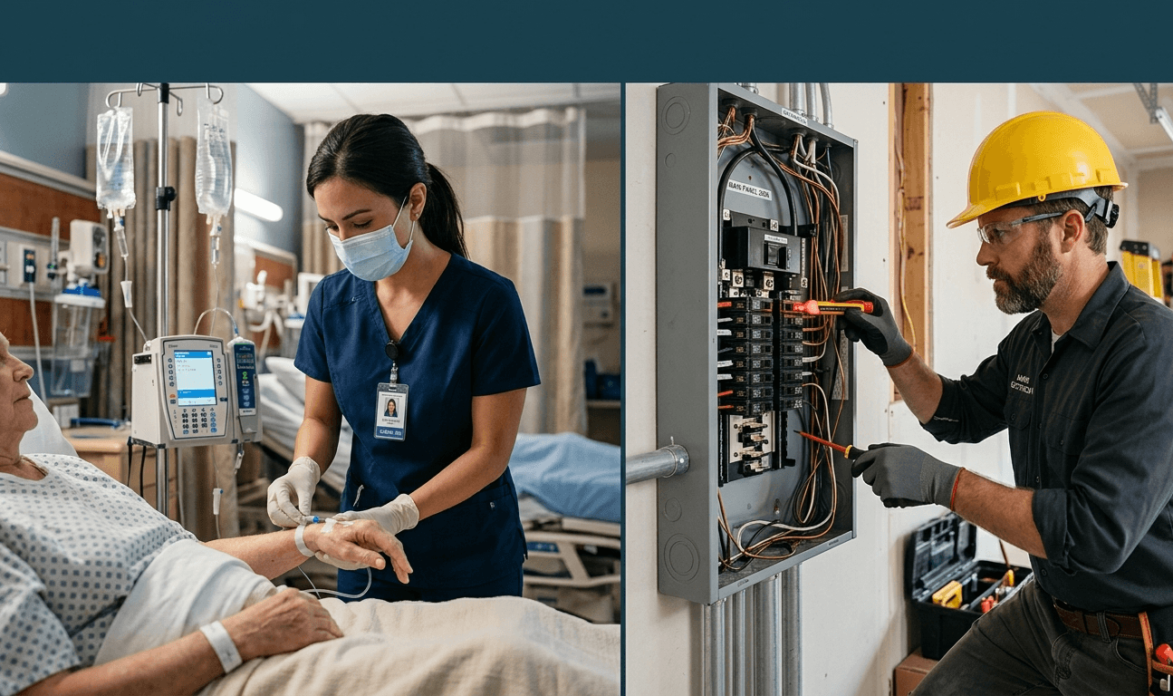 Krankenpflegerin prüft Patientenwerte und Elektriker an einem Sicherungskasten – zwei Berufe, die KI nicht ersetzen kann