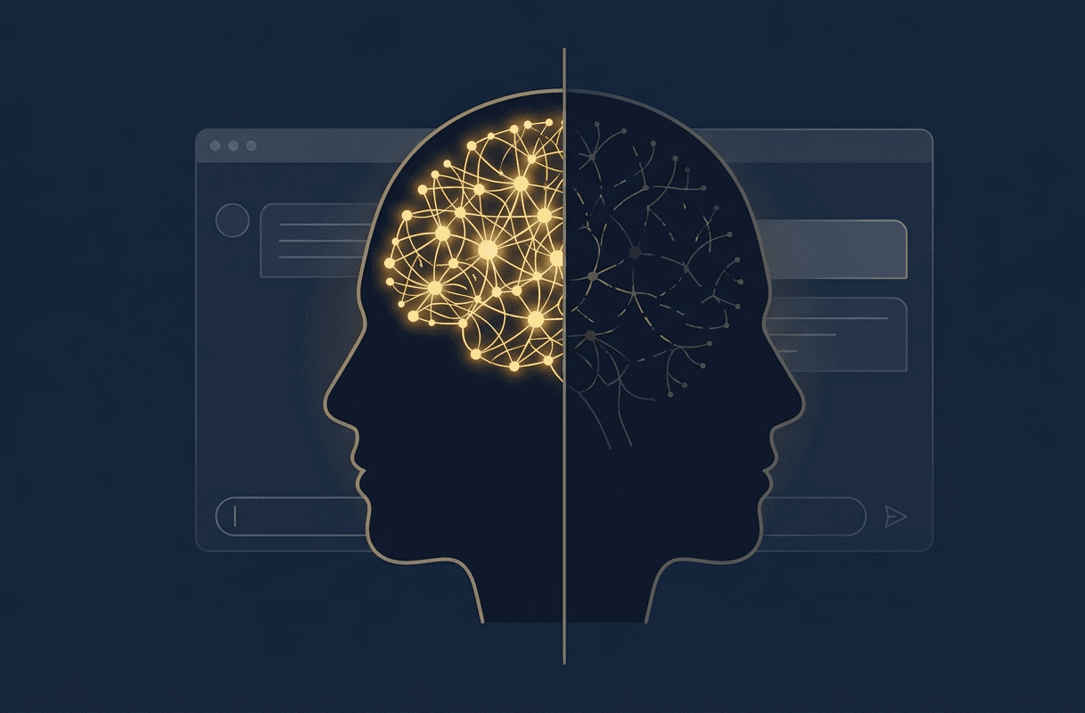 Konzept: Menschliche Gehirnsilhouette mit leuchtenden neuronalen Bahnen, die auf einer Seite verblassen, neben einem KI-Interface – symbolisiert kognitive Auslagerung und Abhängigkeit