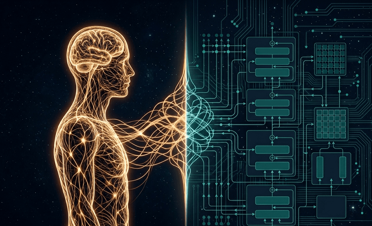 Diagramm zur künstlichen allgemeinen Intelligenz – menschliche neuronale Netzwerk-Silhouette in Gold neben KI-Schaltkreisarchitektur in Blaugrün, symbolisiert den Abstand zwischen heutiger KI und AGI