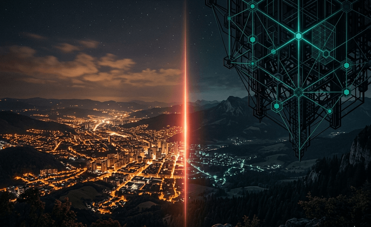 Konzeptbild: Erleuchtete Stadtskyline neben geometrischem KI-Gitterturm, getrennt durch einen roten Lichtstrahl – symbolisiert existenzielle KI-Risiken