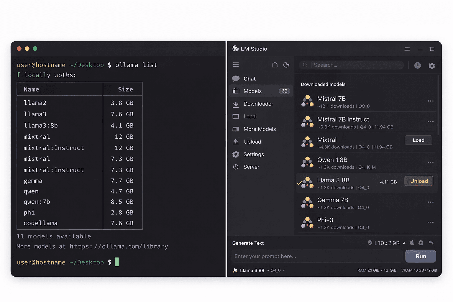 Ollama-Terminal neben der LM Studio Desktop-Oberflaeche im direkten Vergleich