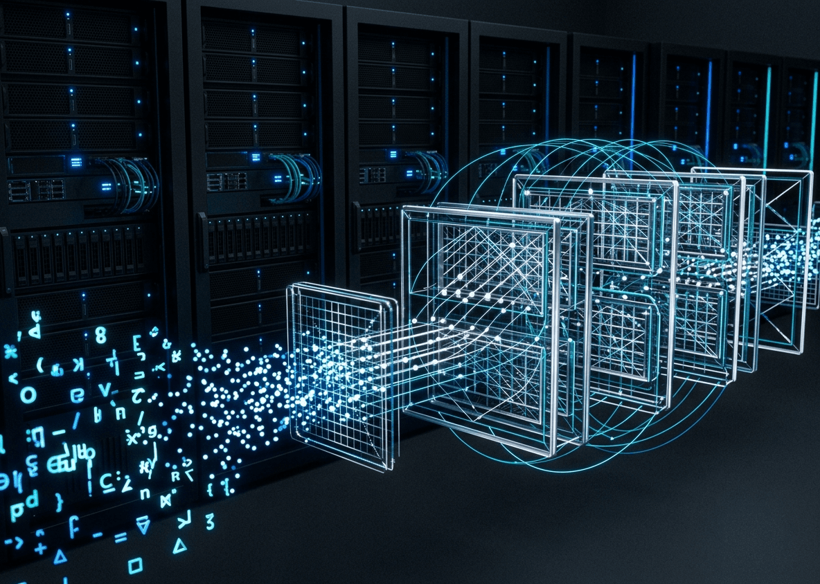 Visualisierung eines großen Sprachmodells mit leuchtenden geometrischen Attention-Layern und Token-Embeddings, die durch GPU-Serverracks in einem dunklen KI-Rechenzentrum fließen