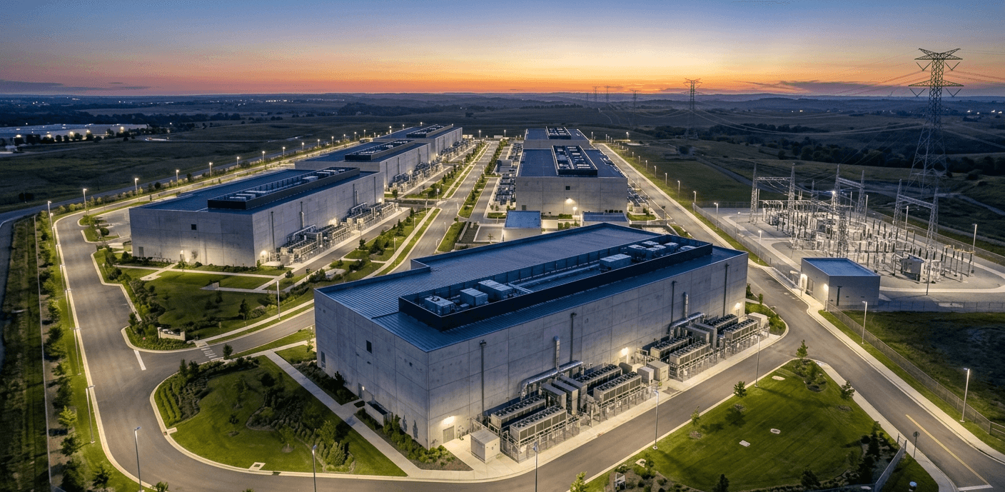Luftaufnahme eines modernen Rechenzentrum-Campus in der Abenddämmerung mit mehreren Serverhallen-Gebäuden, externen Kühlsystemen, einem Umspannwerk und beleuchteter Außenbeleuchtung