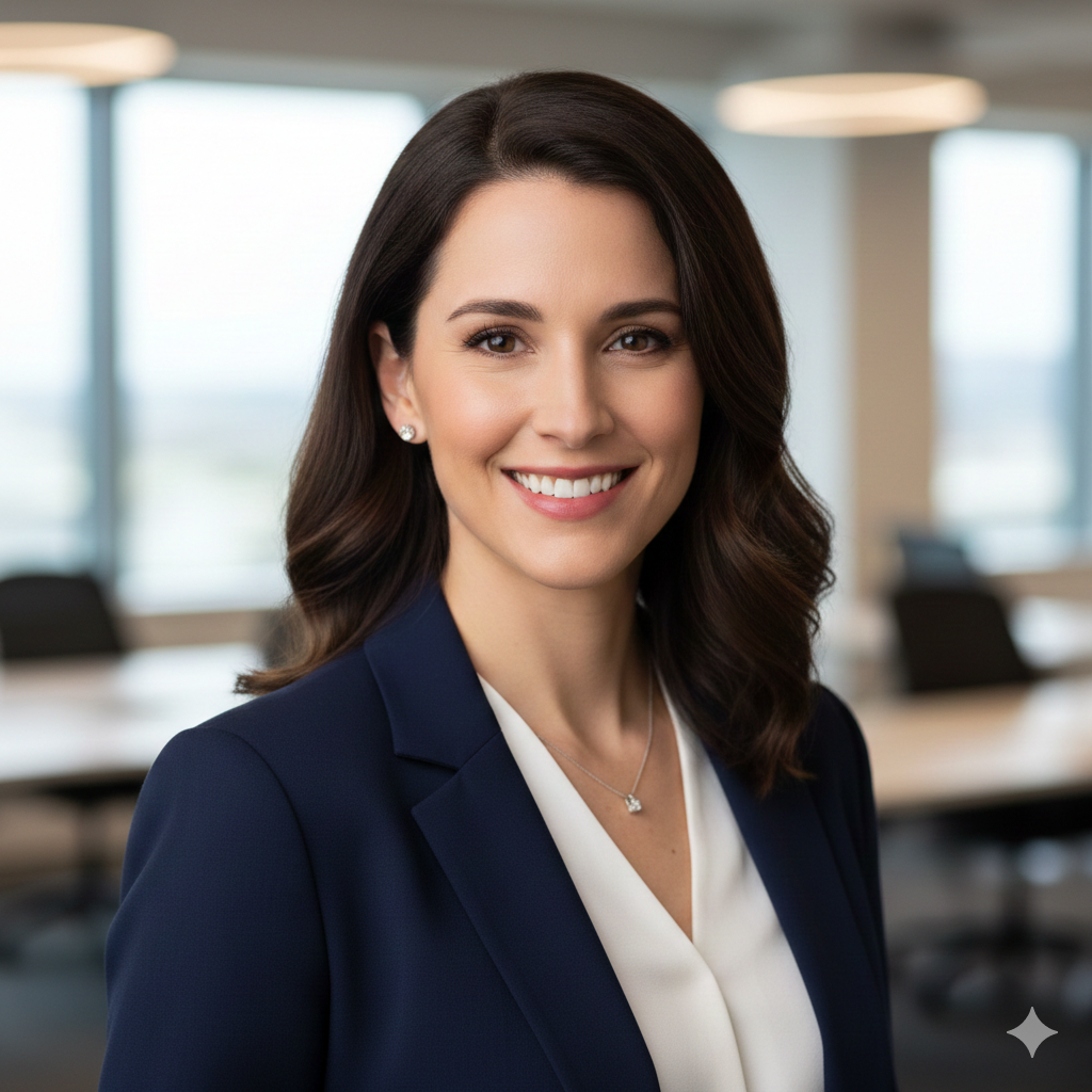 KI-generiertes Bewerbungsfoto im Corporate-Stil: Professionelle Frau in Blazer mit Studio-Beleuchtung