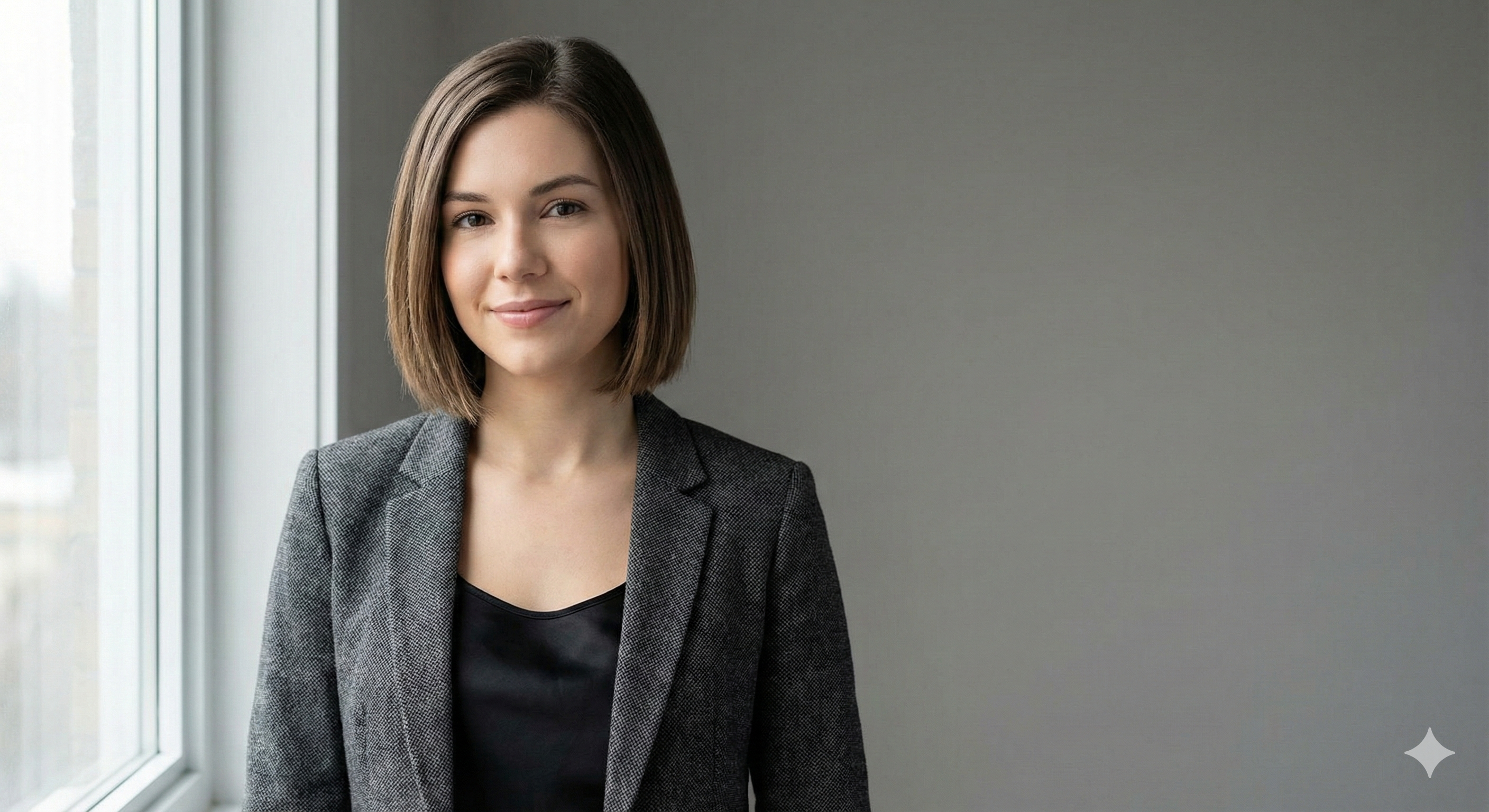 Modernes KI-Bewerbungsfoto für Kreative: Stylisches Outfit mit minimalistischem Hintergrund