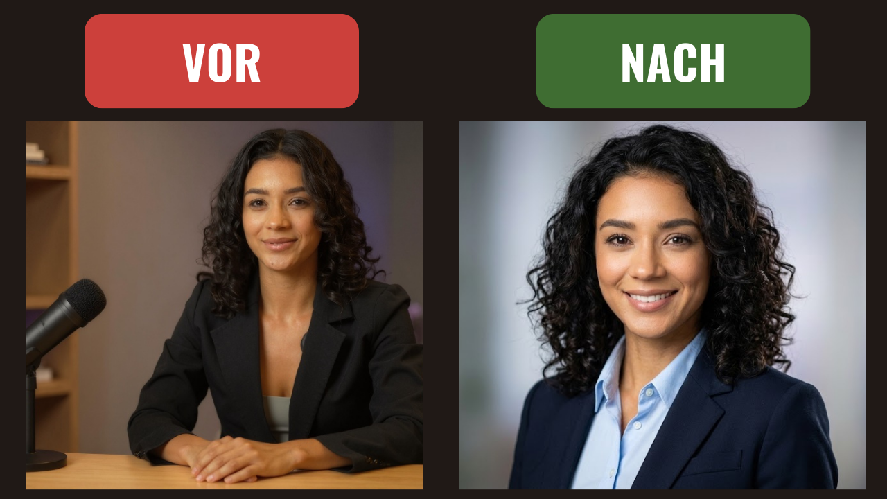 Vorher-Nachher: Selfie transformiert in professionelles Bewerbungsfoto mit KI