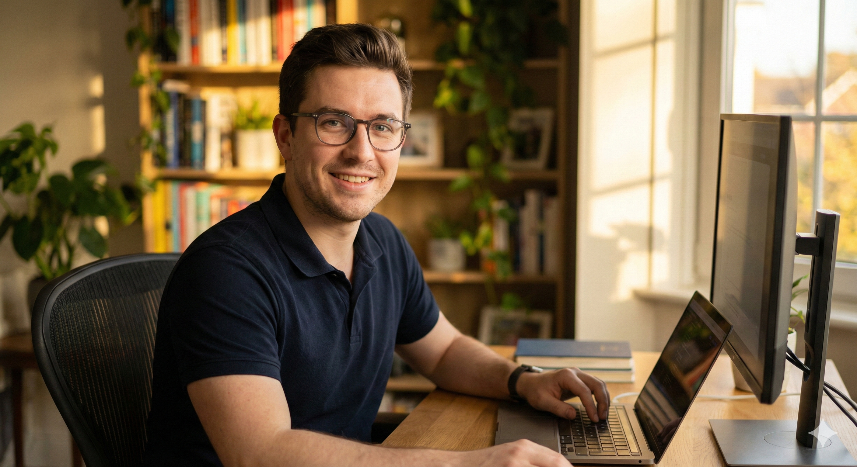 KI-Bewerbungsfoto für Tech-Branche: Mann in Polo-Shirt mit warmem Licht und Office-Hintergrund