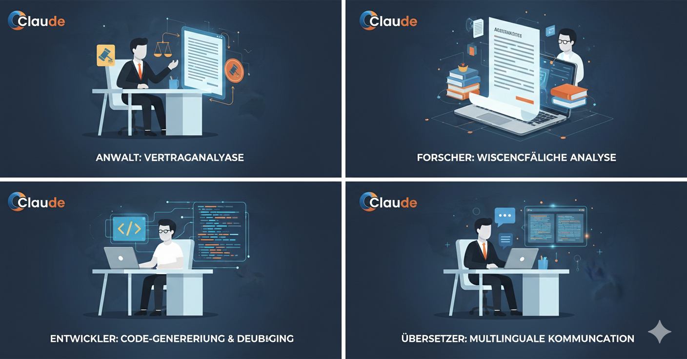 Claude AI Anwendungsfälle - Anwalt, Forscher, Entwickler, Übersetzer mit deutschen Beschreibungen