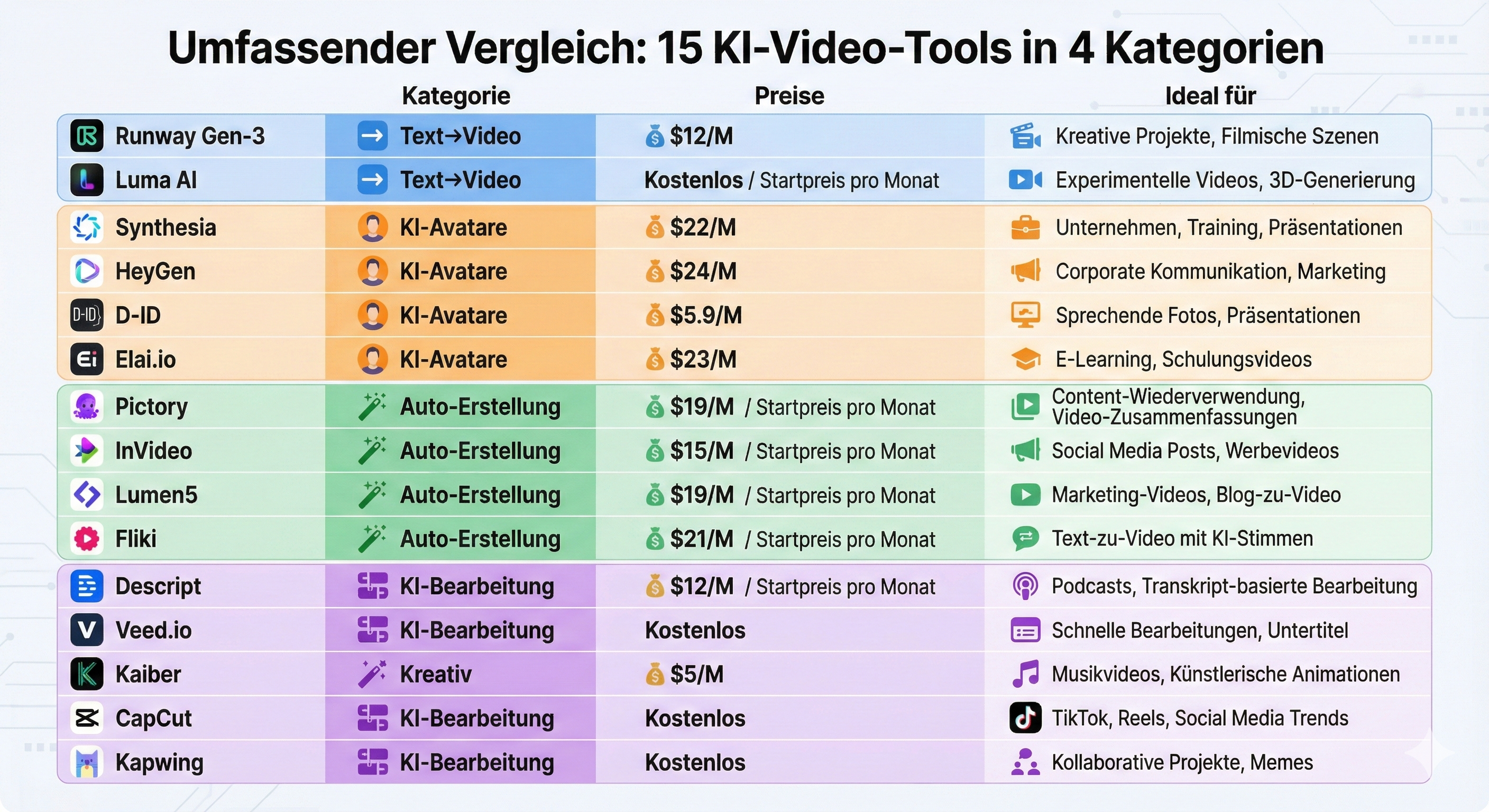 Vergleichsmatrix KI-Video-Tools: Text-zu-Video, Avatar und Editing mit Preisstufen